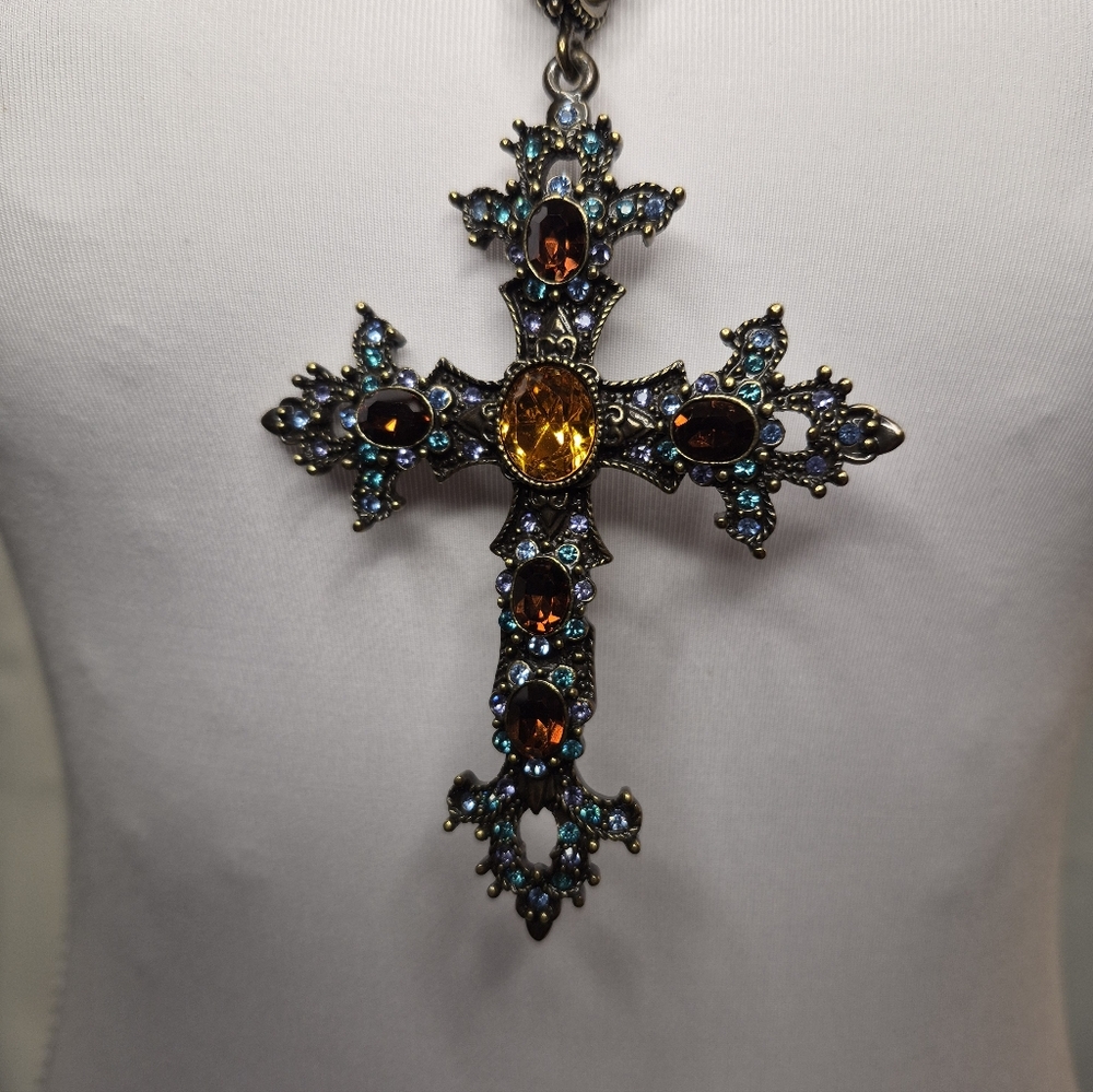 Real Collectibles by Adrienne Swarovski Crystal Cross Necklace - Topaz and Clear